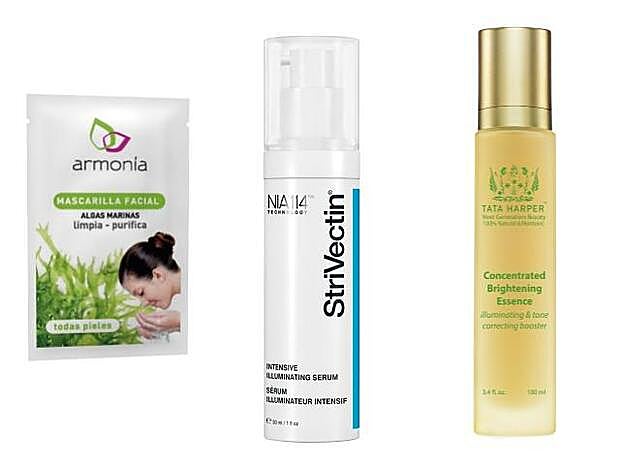 Mascarilla Facial de Algas Marinas de Armonía (1,70 euros). Intensive Illuminating Sérum de Strivectin (90 euros). Concentrated Brightening Essence de Tata Harper (165 euros). En JC Apotecari.
