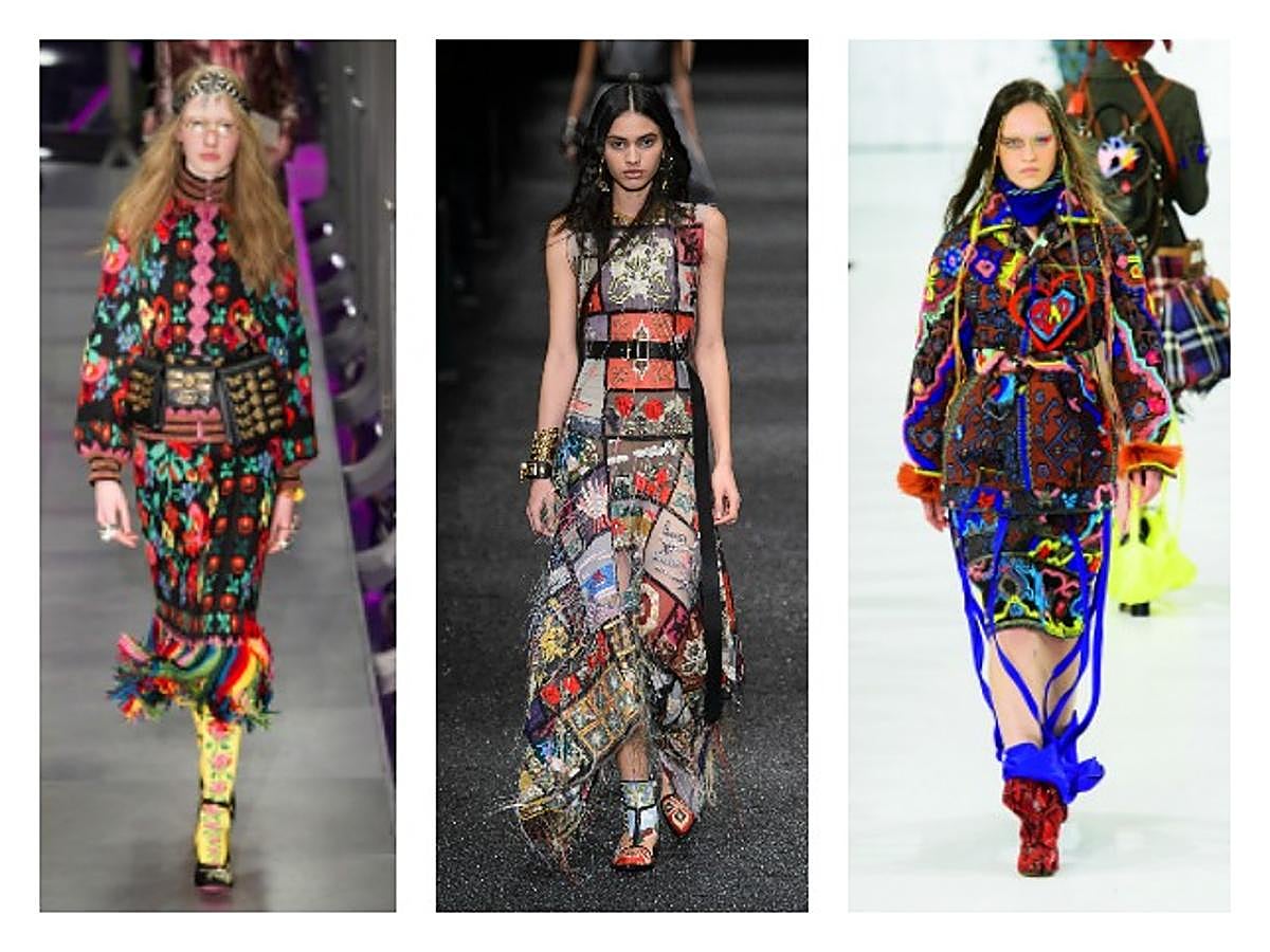 De los bordados de flores a todo color de Gucci al efecto patchwork de Alexander McQueen. La apuesta es por un estilo folk muy subjetivo, en el que vale cualquier mezcla de tonos y texturas. Una tendencia en la que parece que las diferentes culturas, tribus y etnias del mundo han servido como fuente de inspiración. Gucci, Alexander McQueen, Margiela.