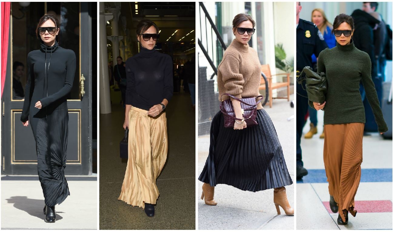 Y si hace unos meses Victoria Beckham no se quitaba sus faldas de terciopelo plisadas, en los últimos meses las ha cambiado por otras de satén que siempre conjunta con jerséis de cuello perkins.