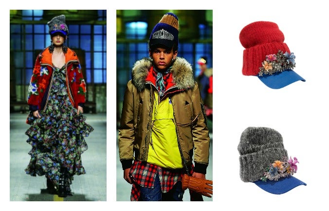 Este otoño, los sombreros vienen con fuerza. Y nos llama especialmente la atención la fusión que hace Dsquared2 en esta pieza: gorro de montaña, visera de gorra de béisbol y una diadema de boda. Un alarde de ingenio ¡unisex!