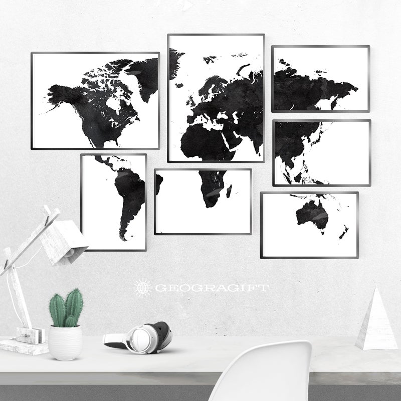 Composición de mapamundi de Geogragift. Lo constituyen dos láminas de 30x40 cm y cinco de 20x30cm. Es capaz de modernizar cualquier pared gracias a sus impresos en blanco y negro en papel fotográfico de alto gramaje. Cuesta 36 euros.
