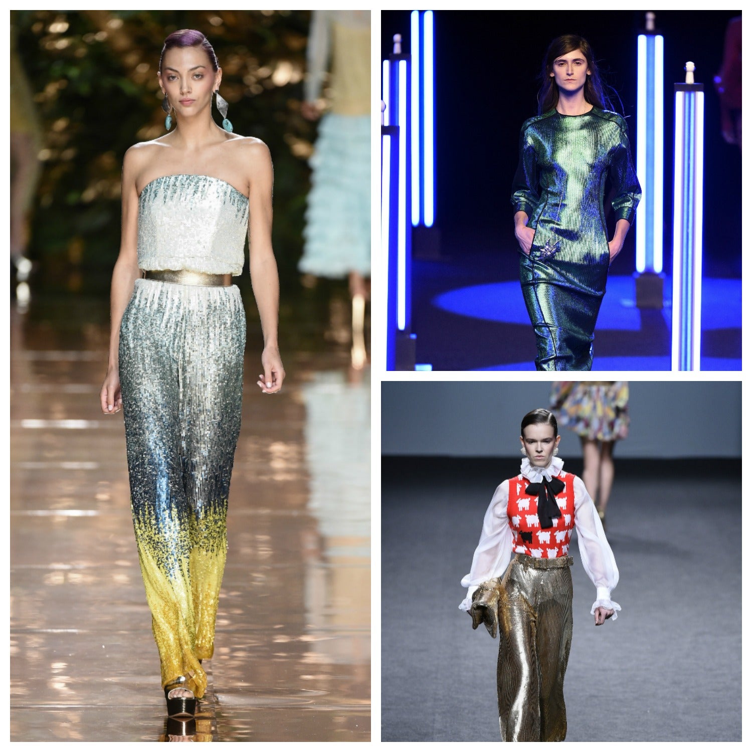 Entre los materiales estrella, las lentejuelas. Juan Duyos propone una versión degradada en un elegante vestido de noche, Juan Vidal quiere que briillemos an azul turquesa y María Escoté juega con las texturas al combina el organza y el punto con unos pantalones dorados con los que será imposible pasar desapercibida.