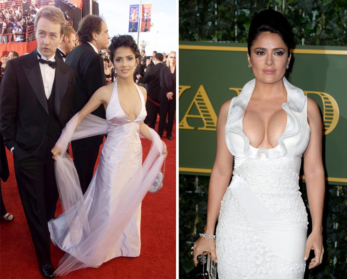 Admiramos que Salma Hayek siempre ha tenido un generoso busto... Sin embargo, la actriz mexicana no ha tenido reparos en aumentarlo con el paso de los años, aunque ella no lo haya reconocido nunca del todo. En 2000 (foto de la izquierda) acudió a la gala de los Oscar junto a Edward Norton presentando un pecho grande pero no tan voluminoso como en 2015 (derecha), que parece estar a punto de reventar el vestido