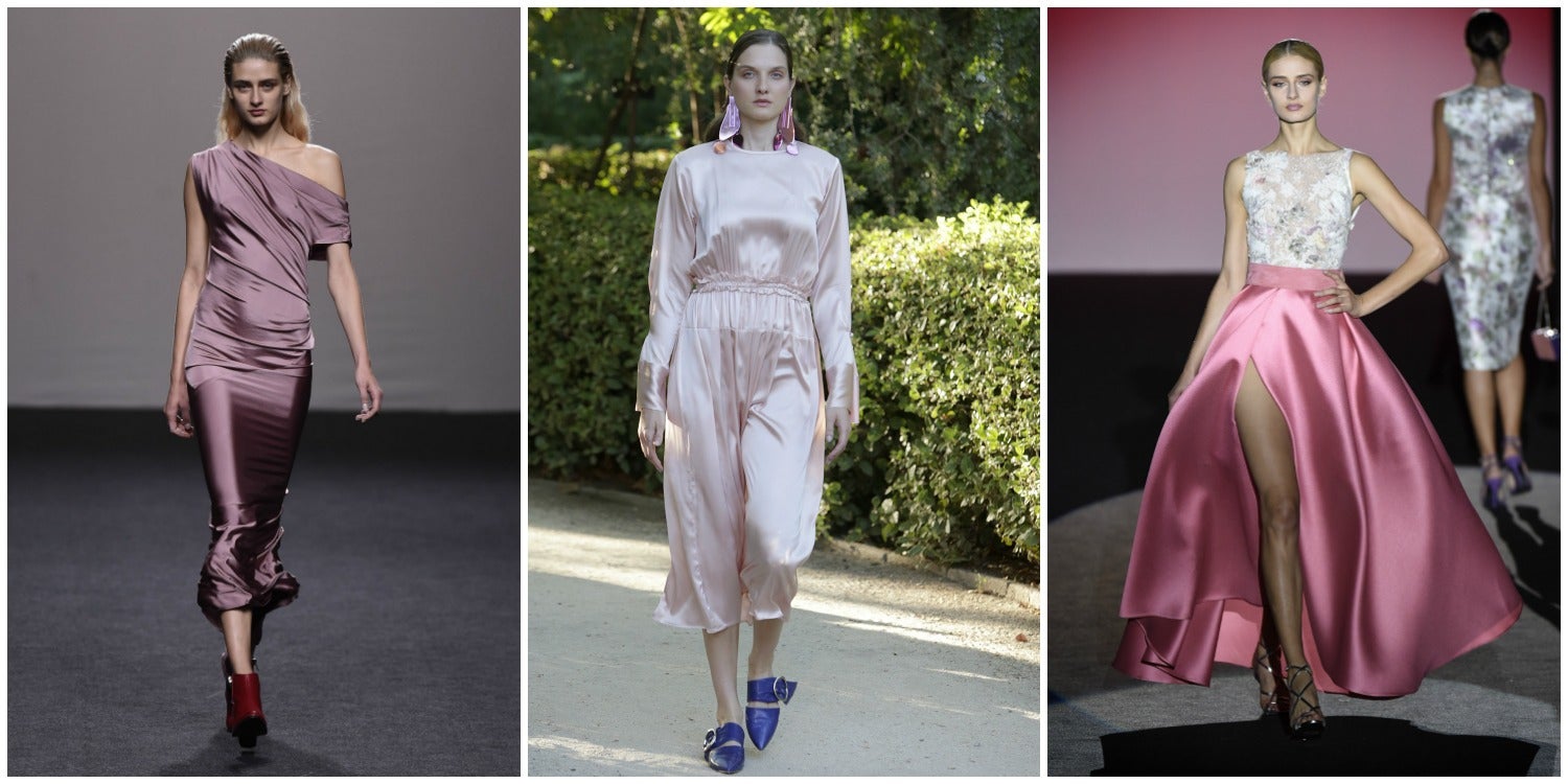 El satén y la seda han triunfado sobre la alfombra roja las últimas temporadas y se han coronado como los tejidos más sensuales. Y así es como quieren que los llevemos en primavera de 2018 Roberto Torretta, Moisés Nieto y Hannibal Laguna, en tonos rosas.