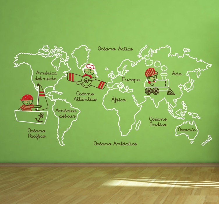 Vinilo infantil para dar un toque divertido al cuarto de los niños. Tiene el diseño de un mapamundi con el nombre de los continentes y los océanos, pero de forma pensada para que ellos también disfruten. Lo hay en cuatro tamaños diferentes. El de 120x61cm cuesta 36,75 euros y es de Tenvinilo.com.