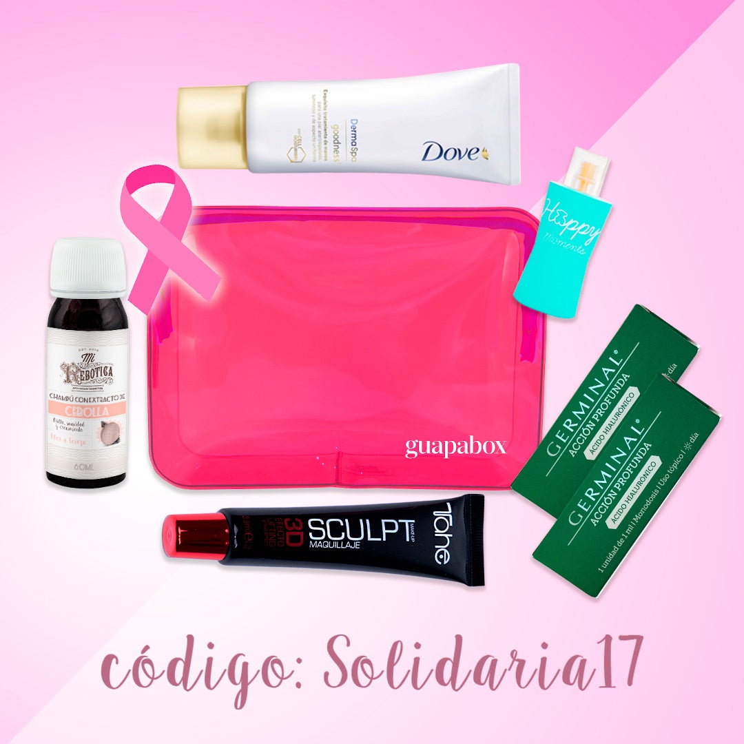 La caja de belleza Guapabox también se une a la celebración del Día Internacional del Cáncer de Mama cediendo el 10% de los beneficios de las nuevas suscripciones a la investigación del cáncer. Además, si solicitas tu cajita e incluyes el código: Solidaridad17, recibirás un neceser con una selección de 5 productos (champú de cebolla de Mi Rebotica, ampollas Ácido Hialurónico de Germinal, maquillaje 3D Efeto Lifting de Tahe, crema de manos Derma Spa Goodness de Dove y perfume Happy Moments de Tous), además de tu cajita de octubre.