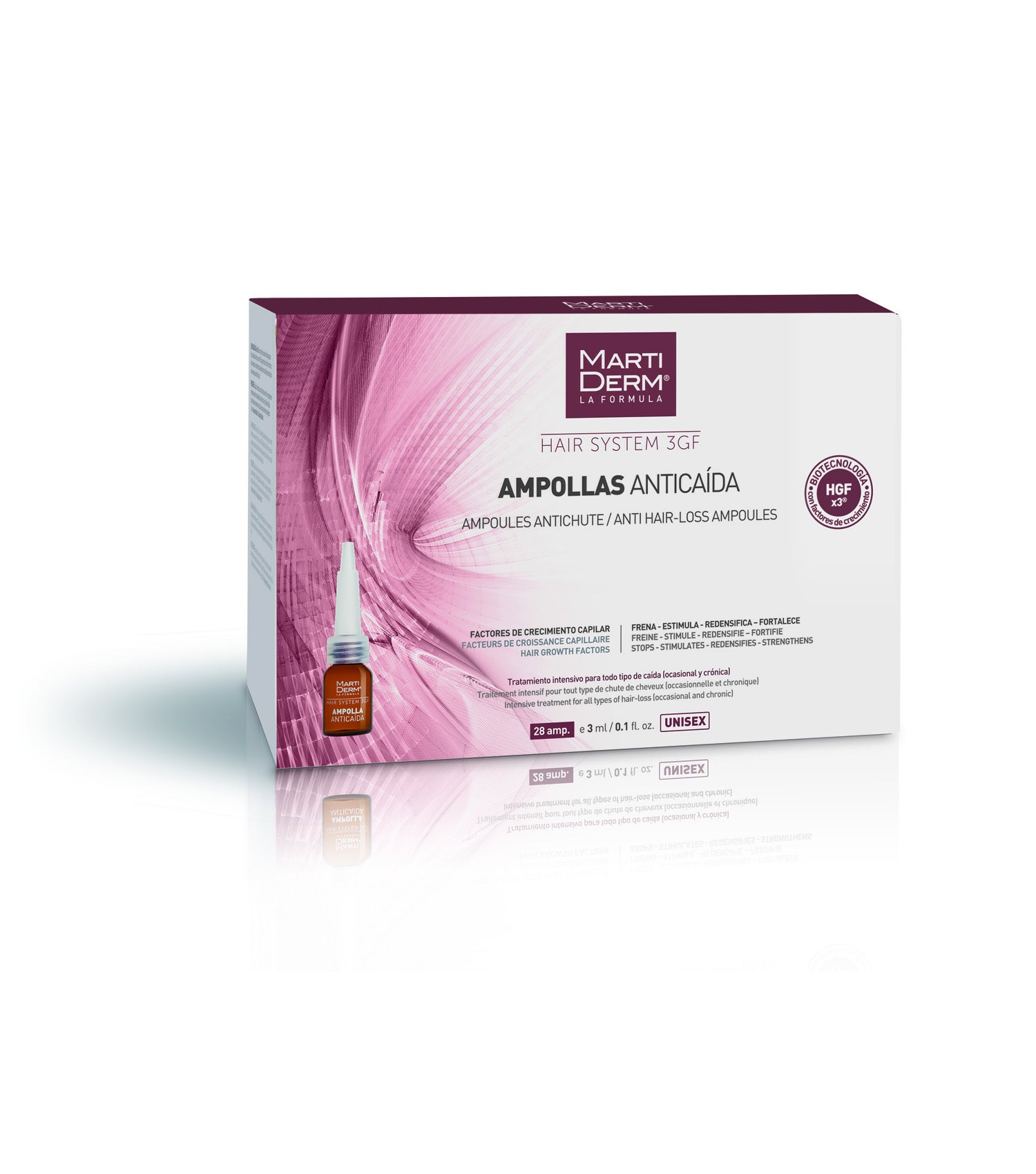 Programa capilar con innovación biotecnológica para frenar la caída del cabello y estimular su crecimiento. (Ampollas anticaída unisex caja de 28 ampollas de 3ml, 60€)