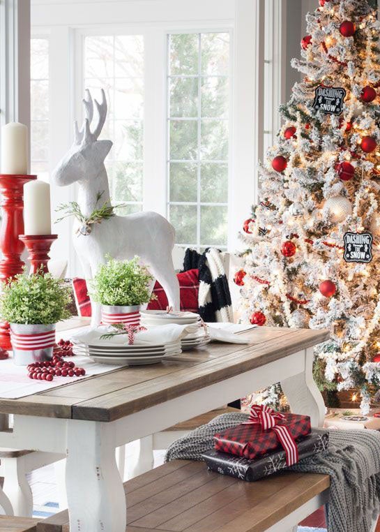 ¡Seamos un poquito más clásicos! Si optamos por todos los elementos decorativos navideños no vamos a fallar tampoco. Una variación entre verdes, rojos y blancos dominan los tonos de la imagen.