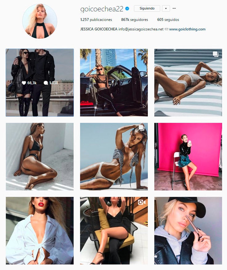 La modelo Jessica Goicoechea también está a punto de conseguir el millón de seguidores con una media de 56.700 "corazones" por publicación.
