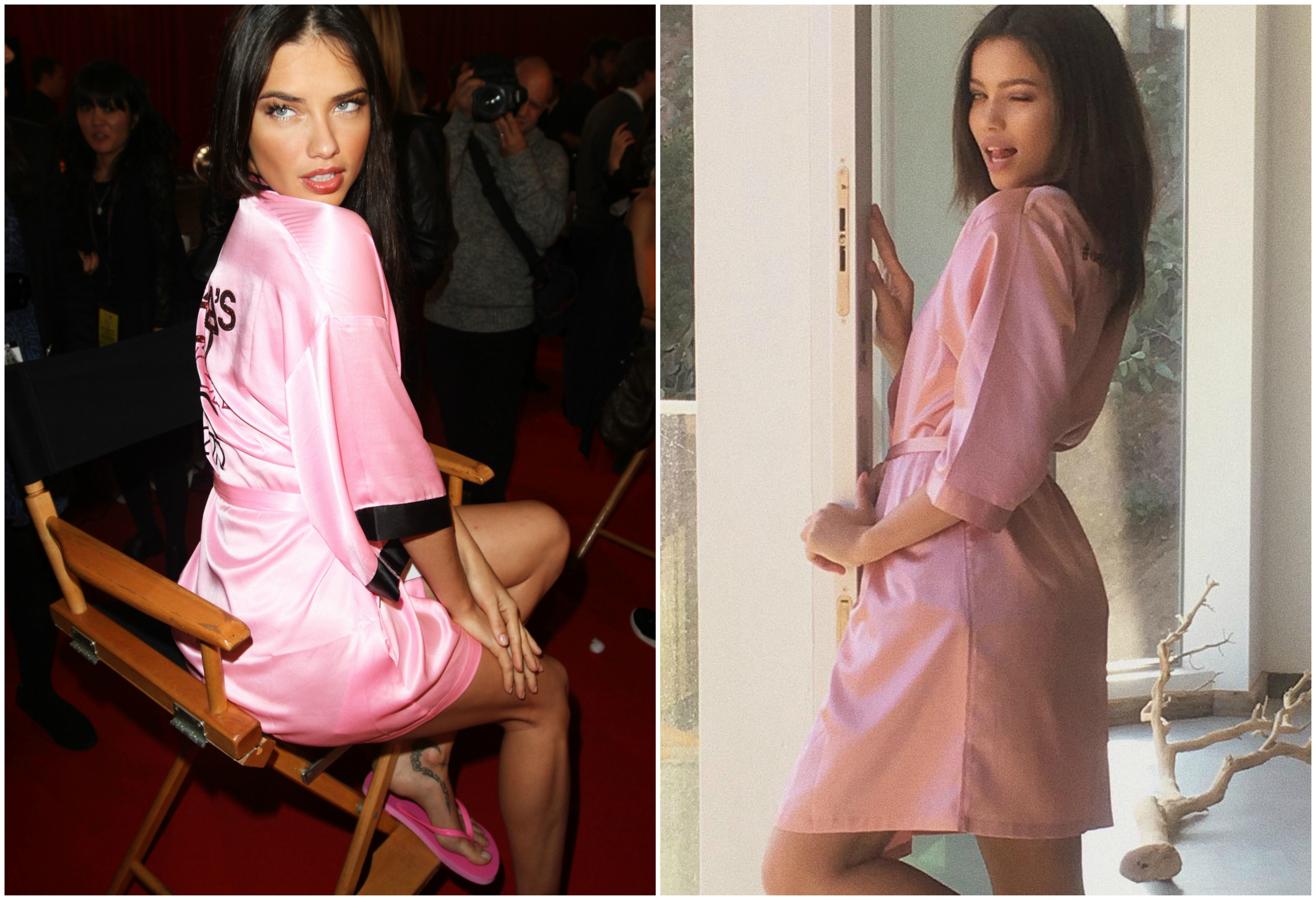 Las dos con bata rosa y las dos con un parecido razonable: Adriana Lima y Audreyana Michelle.