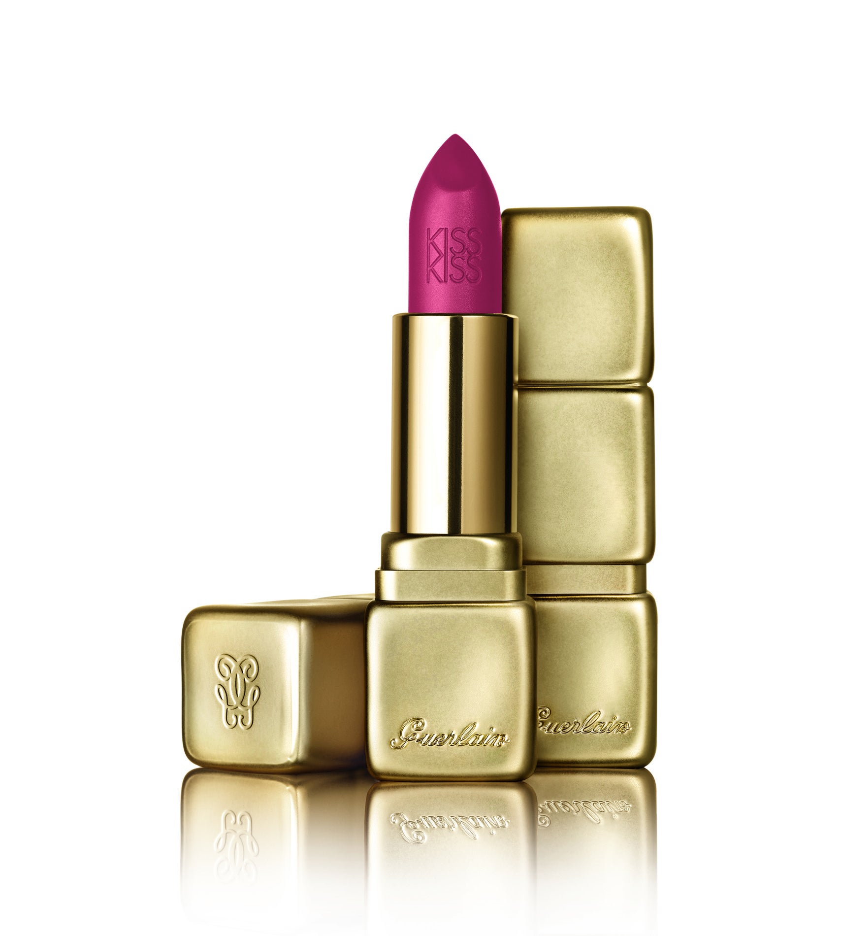 Pintalabios KissKiss Matte de Guerlain tono Flaming Rose. Una fórmula aterciopelada e hidratante y un acabado mate luminoso (38,70€)