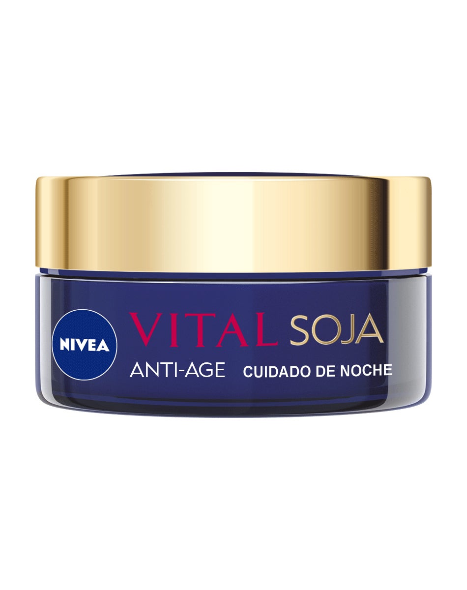 Soja: Vital soja noche de Nivea. Crema anti-arrugas regeneradora para piel madura, con Extracto de Soja, que reafirma la piel y reduce las arrugas mientras duermes.