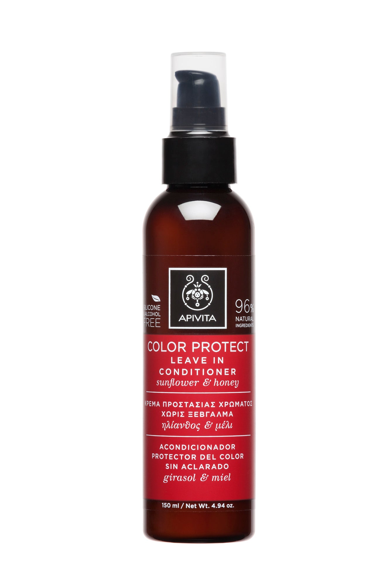Acondicionador protector del color sin aclarado de Apivita. De textura ligera, prolonga el color y el brillo de pelo, a la vez que facilita su peinado. (14€)