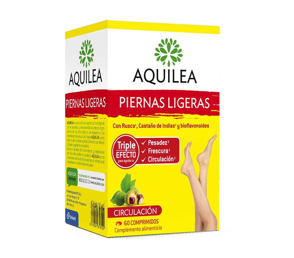 Piernas ligeras de Aquilea. Combina tres ingredientes naturales (bioflavonoides, castaño de indias y rusco) que ayudan a reducir la sensación de piernas cansadas. 18,76 euros (60 comprimidos).