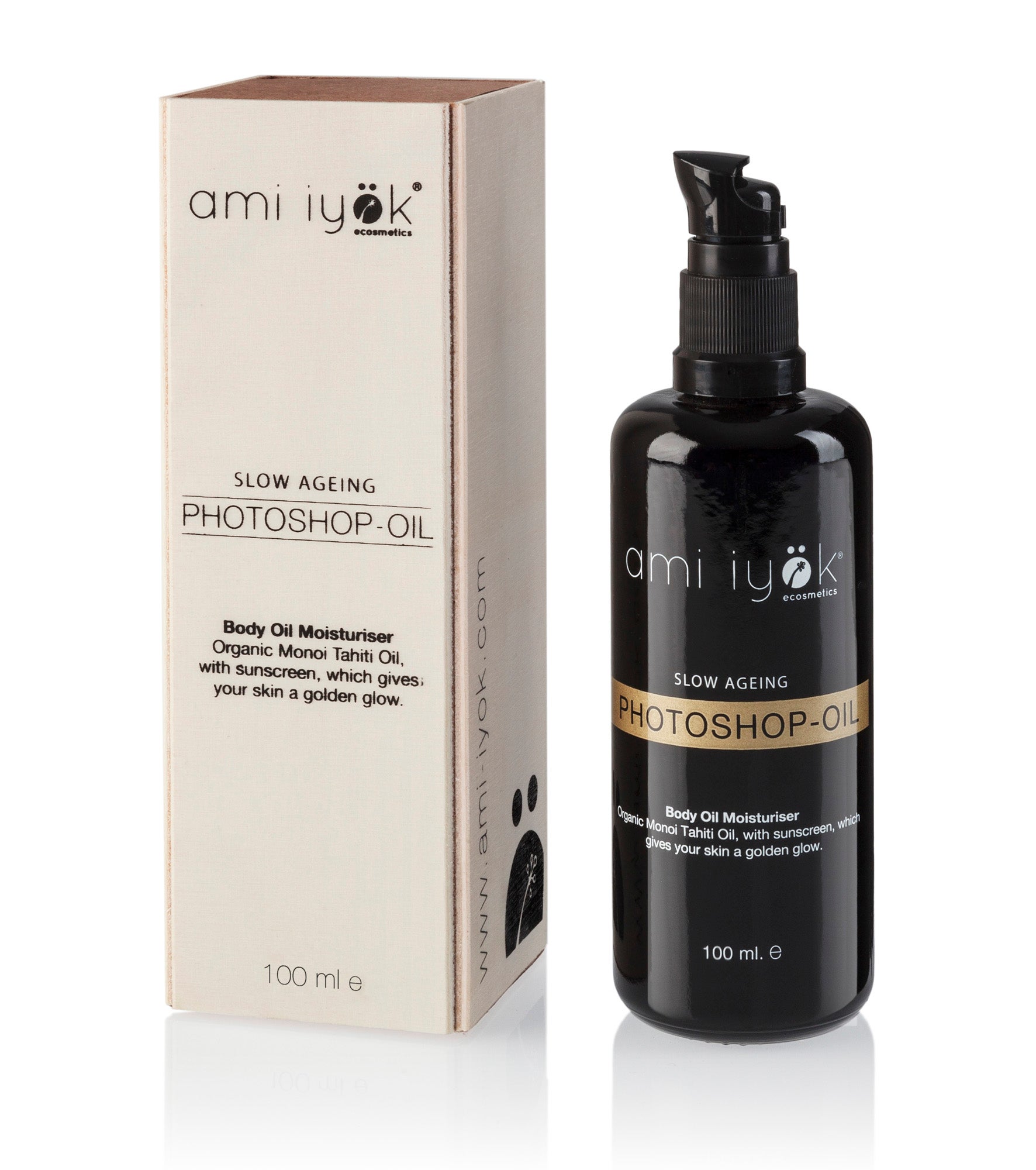 Photoshop-Oil de Ami Iyök. Aceite hidratante corporal que disimula las imperfecciones de la piel: celulitis, venitas, cicatrices, rojeces o eritemas post depilatorios. (49€)