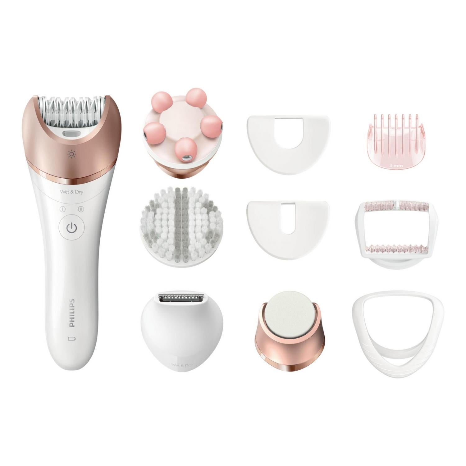 Depiladora Satinelle Pretige de Philips. Una rutina de belleza completa, con 9 accesorios para piernas, cuerpo y cara. Para usar en seco y húmedo. (129,99€)