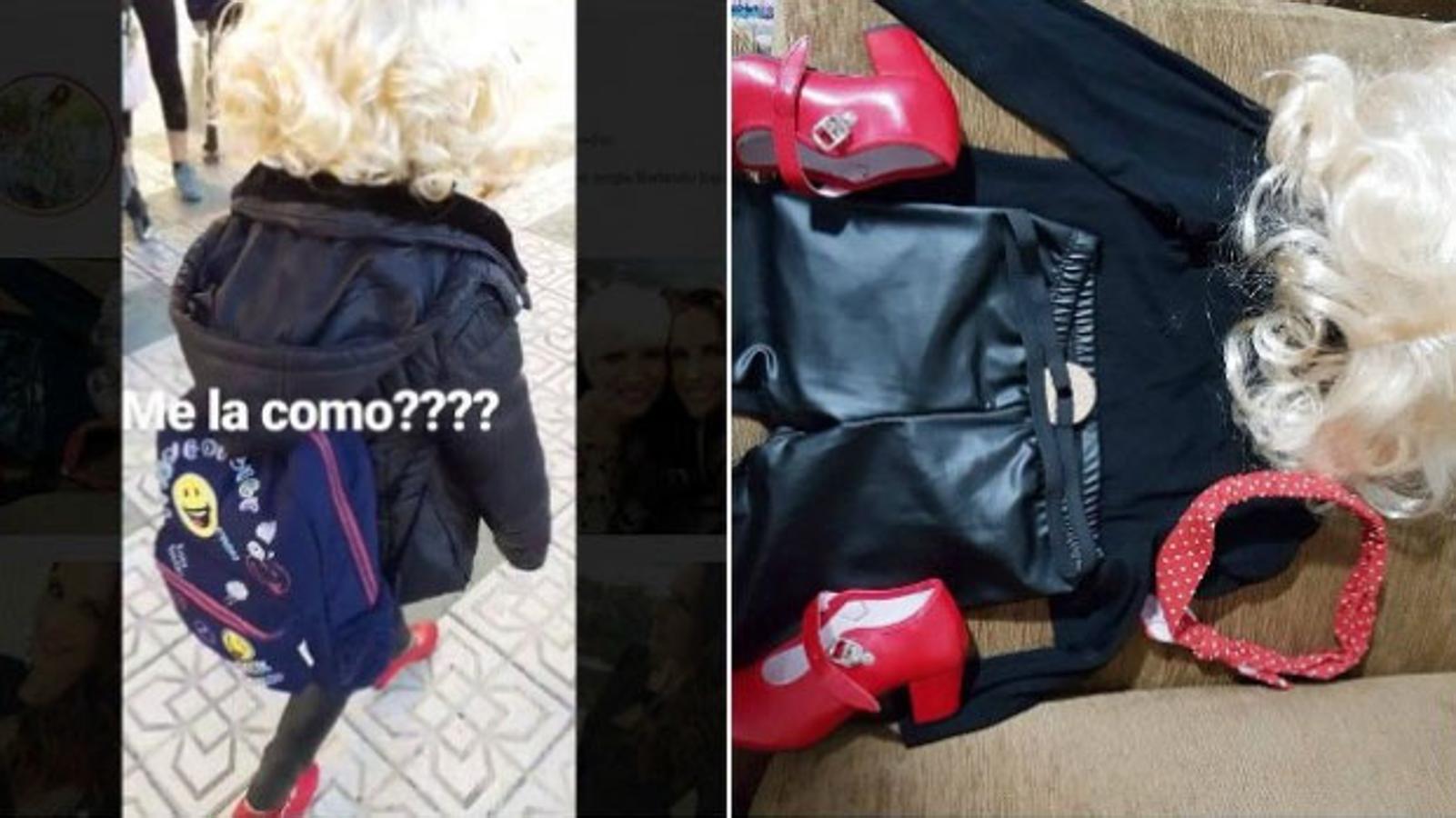 Martina, la hija de Nuria Fergó, se subió a unos tacones rojos, para convinarlos con unas mallas de cuero y una peluca rubia. Al más puro estilo años 80.