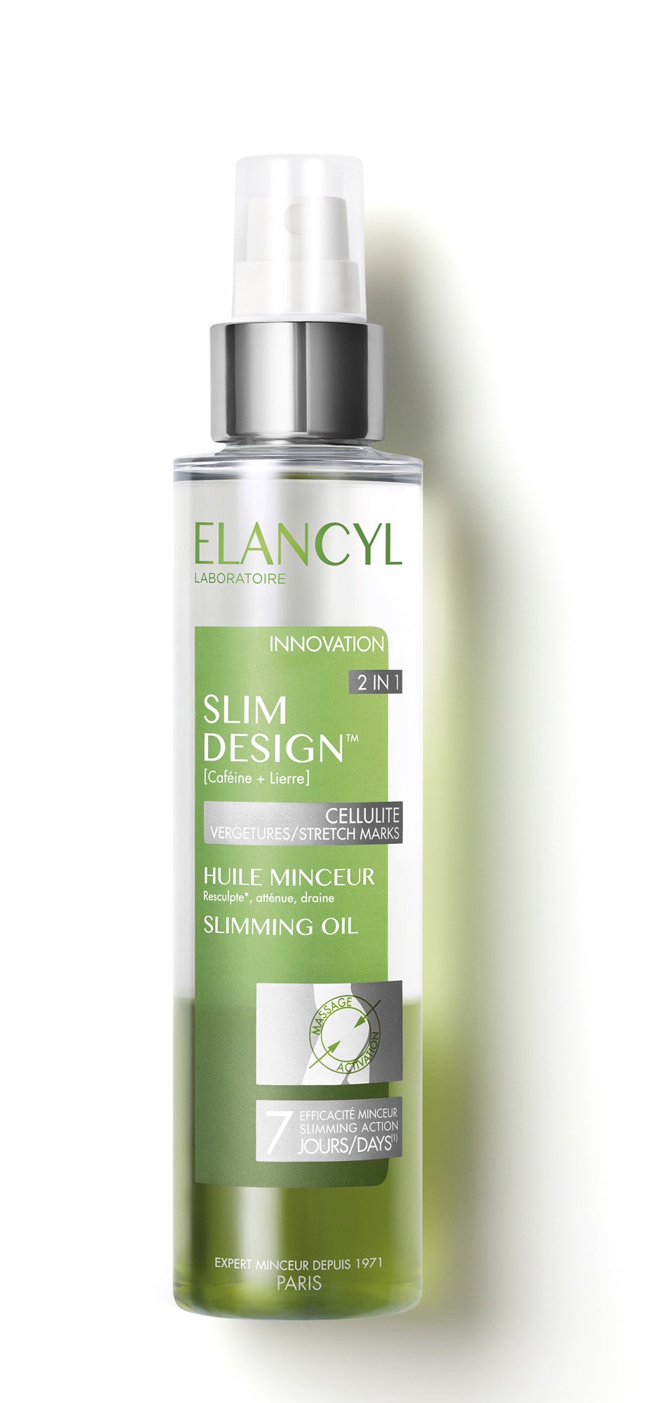 Slim Design de Elancyl. Aceite anticelulítico bifásico global 2 en 1. Eficacia reductora desde el 7º día. Alisado de las imperfección visibles: nódulos, estrías y flacidez. (27,23€, 100ml)