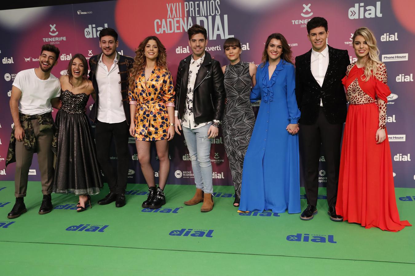 Los concursantes de OT2017 han sido los grandes protagonistas de los últimos meses musicales y, por supuesto, también de los XXII Premios Cadena Dial. De izq. a dcha.: Agoney, Ana Guerra, Cepeda, Miriam, Roi, Aitana, Amaia, Alfred y Nerea.
