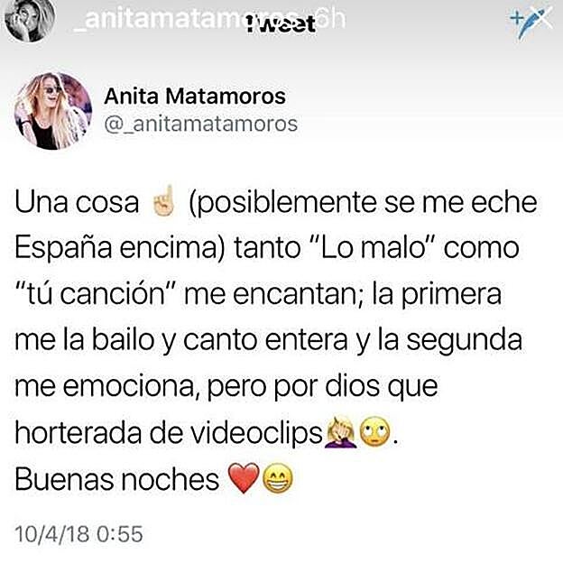 Anita Matamoros critica las canciones de 'Lo Malo' y 'Tu Canción'.