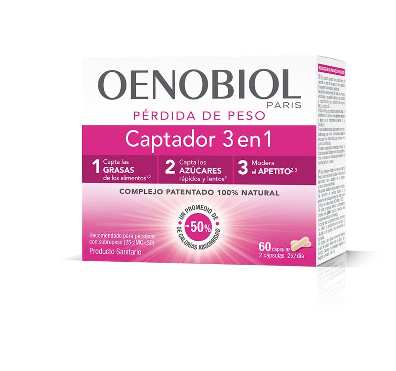 Complejo de fibras 100% naturales que permite reducir a la mitad las calorías que ingerimos. Tiene un triple efecto: capta las grasas de los alimentos que ingerimos, capta los azúcares lentos y rápidos y absorbe el 50% de las calorías ingeridas. (31€, 60 cápsulas, en farmacias y parafarmacias)