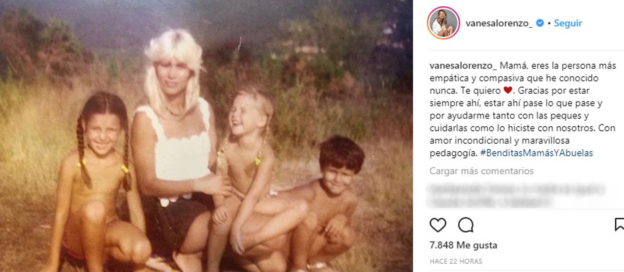 Vanesa Lorenzo habla en su publicación de la empatía y lde la compasión que siempre ha tenido su madre con ella y sus hermanos. "Gracias por estar siempre ahí", le dedica Vanesa en esta fotografía.
