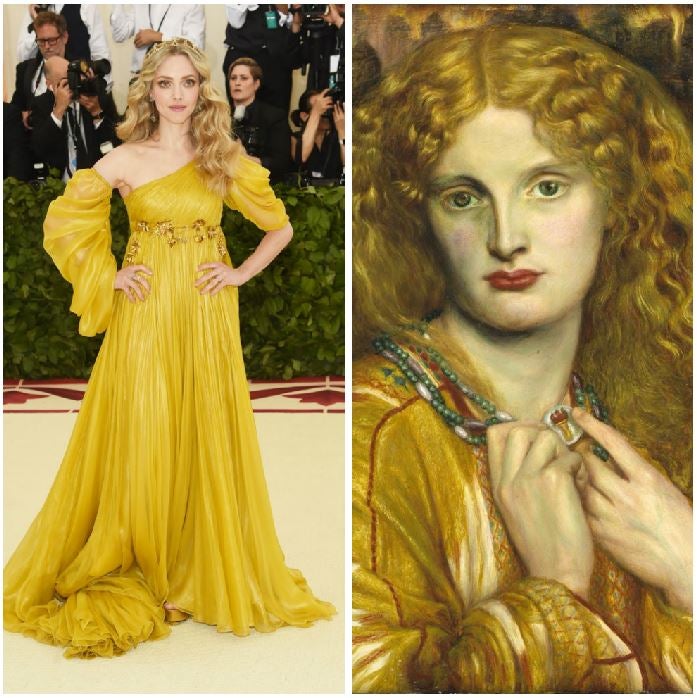 Amanda Seyfried es Helena de Troya. Con su vestido de Prada, Amanda parece la descendiente directa de Helena de Troya, tal y como la pintó Dante Gabriel Rossetti, en 1863.