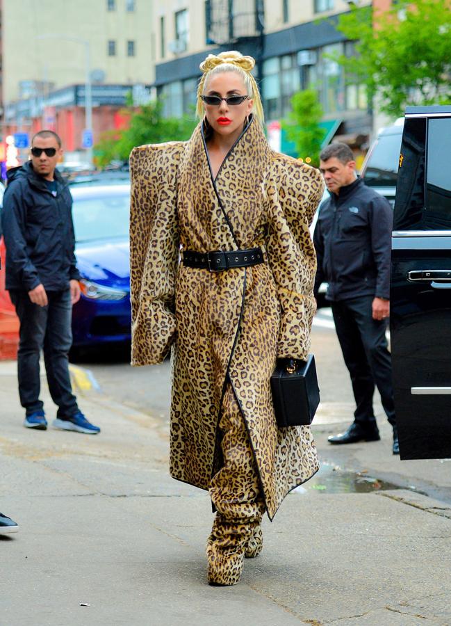 Lady Gaga ha vuelto a las andadas (de estilo), y lo hace vestida de leopardo de pies a cabeza, con un look de volúmenes imposible de Gareth Pug con abrigo de maxi hombreras y botas-pantalón, y recuperando su ya famoso recogido-lazo.