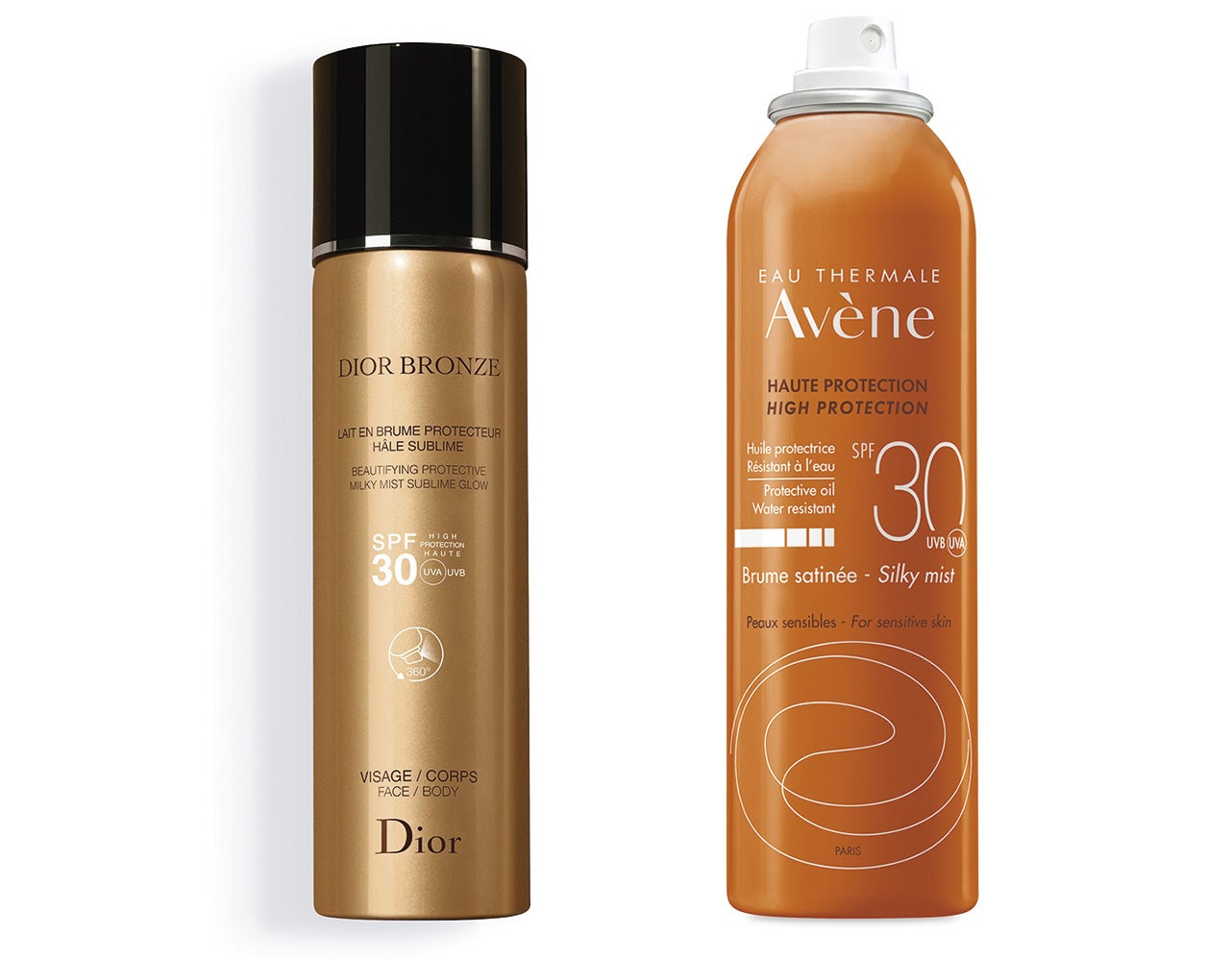 Fácil y de efecto refrescante, las puedes pulverizar a los largo del día para recuperar la energía de la piel mientras refuerzan el efecto escudo de forma casi inmediata. La de Avène, además, está cargada de antioxidantes que redoblan la protección y luchan sobre la marcha contra los radicales libres. Dior Bronze Leche en Bruma de Dior (40€) / Bruma Satinada SPF30 de Avène (22,42€)