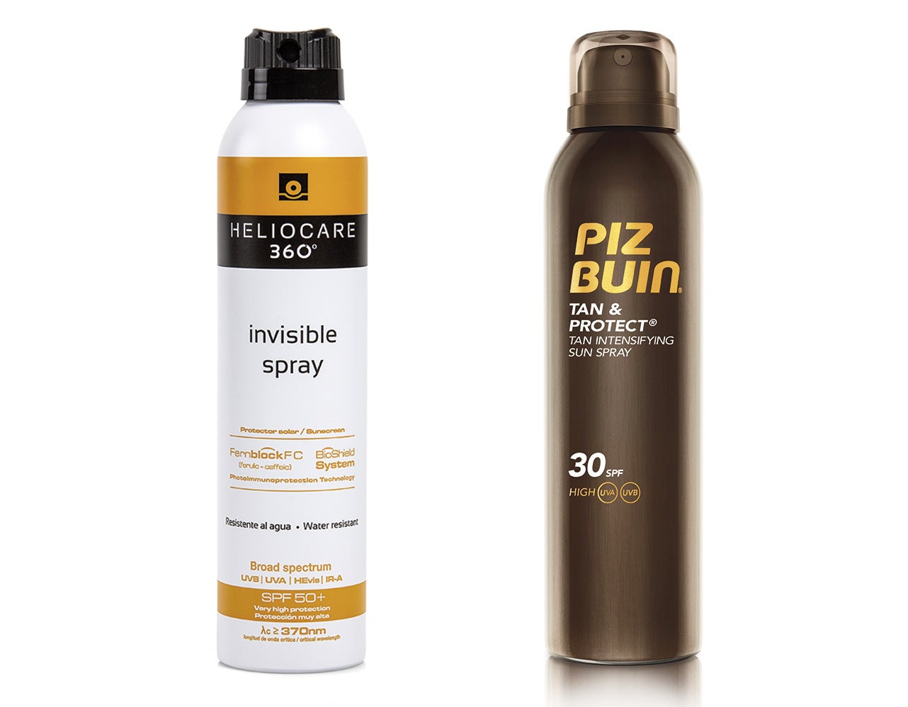 Es el concepto pulverizador, pero llevado a otro nivel. Da igual la parte del cuerpo a la que necesites acceder porque funcionan boca arriba, boca abajo, de lado, en ángulo y en escorzo. Eso sí, si te lo aplica en la playa hay muchas posibilidades de que el producto acabe en la cara de los de la sombrilla de la lado por cortesía de la brisa marina. 360 Invisible Spray SPF50 de Heliocare (25,75€) / Tan & Protect Spray Intensificador del Bronceado SPF30 de Piz Buin (19,90€)