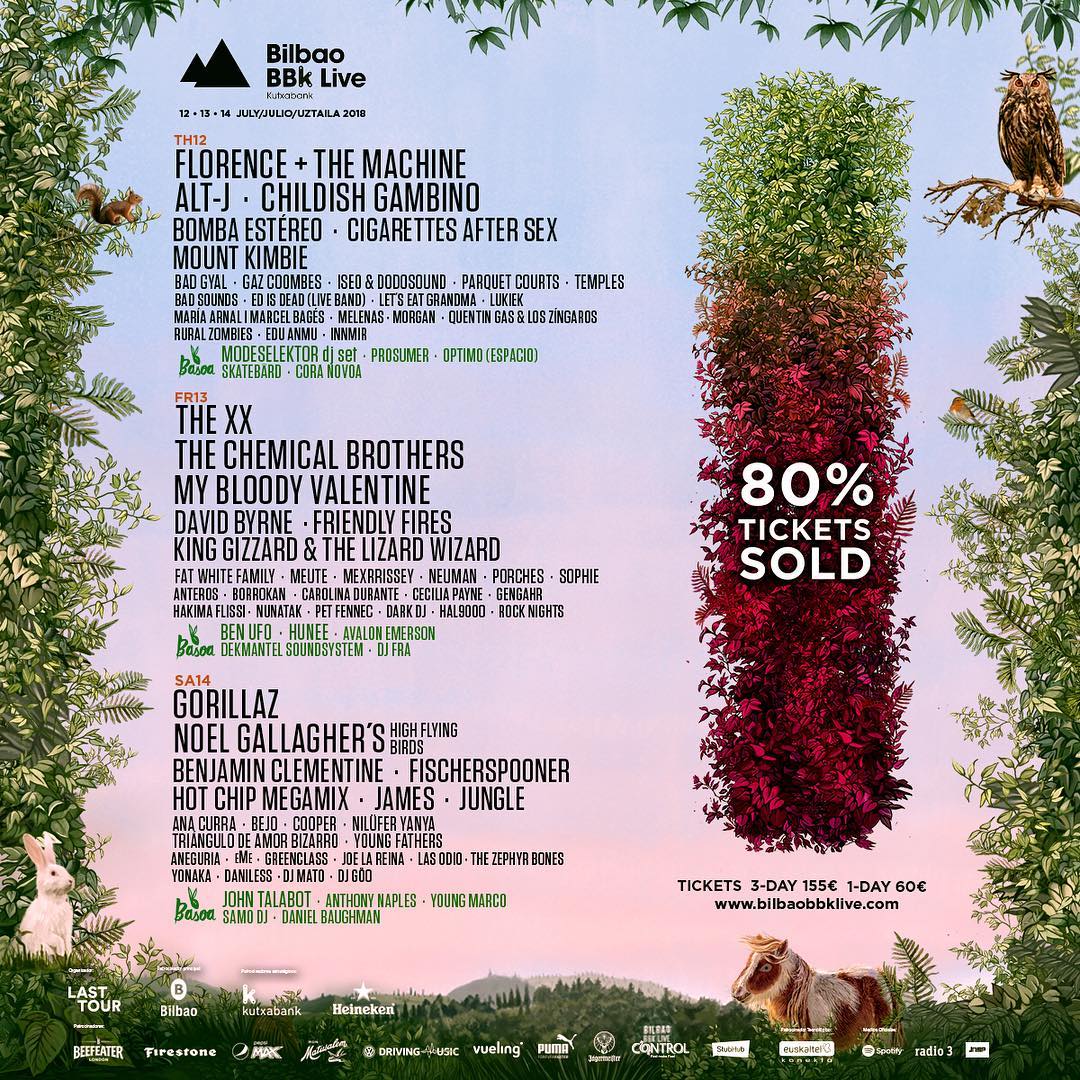 ¿Qué festival?  BBK Live . ¿En qué fechas? Del  12 al 14 de julio . ¿Dónde? En  Bilbao . ¿Qué grupos son los  cabeza de cartel ? Florence + The Machine y ALT-J (el jueves); The XX y The Chemical Brothers (el viernes); y Gorillaz y Noel Gallagher (el sábado). ¿Qué necesitas saber? Quedan las últimas  entradas   de día disponibles, pero los abonos ya están agotados.