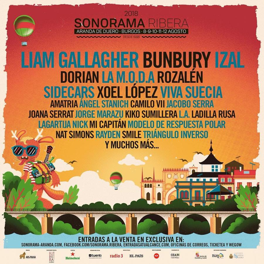 ¿Qué festival?  Sonorama Ribera . ¿En qué fechas? Del  8 al 12 de agosto . ¿Dónde? En  Aranda de Duero, Burgos . ¿Qué grupos son los  cabeza de cartel ? Liam Gallagher, Bunbury, Dorian, Izal, Rozalén, Xoel López, Sidecars o Viva Suecia, Rayden o Modelo de respuesta polar. ¿Qué necesitas saber? Ya están a la venta las  entradas   y su pack de entreda y cámping se antoja como la mejor opción para darlo todo en un festival que cumple 20 años.