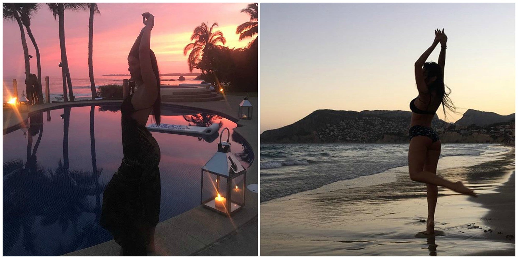 A contraluz. En la playa o en la piscina, brazos al cielo.