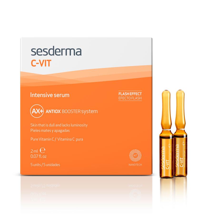 Las Ampollas de efecto flash AX+ Antiox Booster System Intensive Serum de la línea C-Vit de Sesderma contienen un 12% de vitamina C pura en forma de ácido ascórbico.