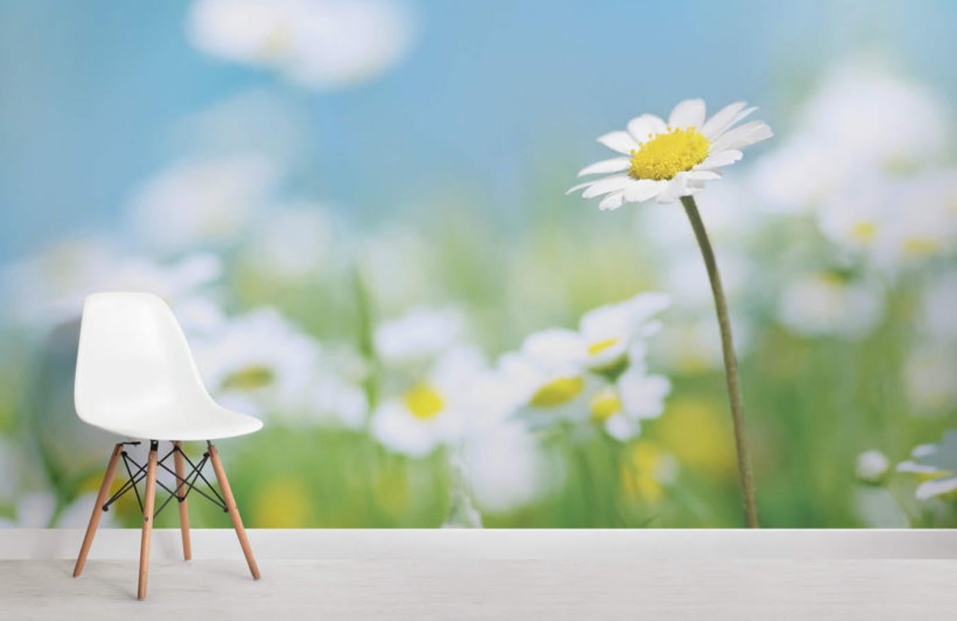 "Me quiere, no me quiere, me quiere, no me quiere". Y nosotras decimos 'sí, quiero' a este papel pintado que reproduce un campo de margaritas.