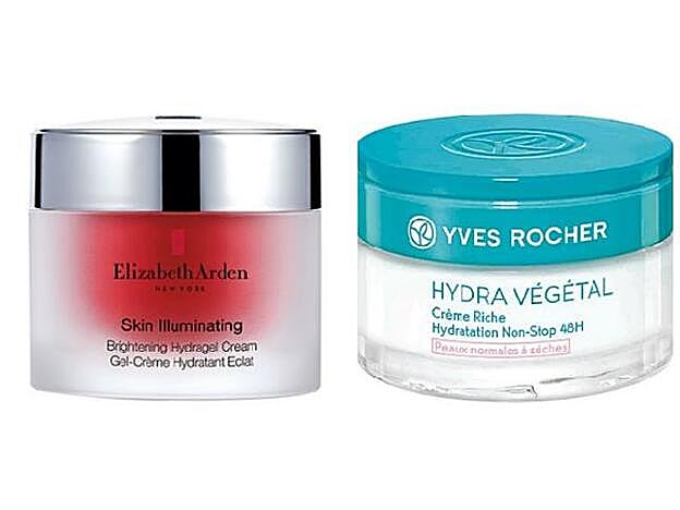 Skin Illuminating Brightening Hydrogen Cream de Elizabeth Arden (85 €). Hydra Végétal Crema Rica de Yves Rocher (9,95 €)