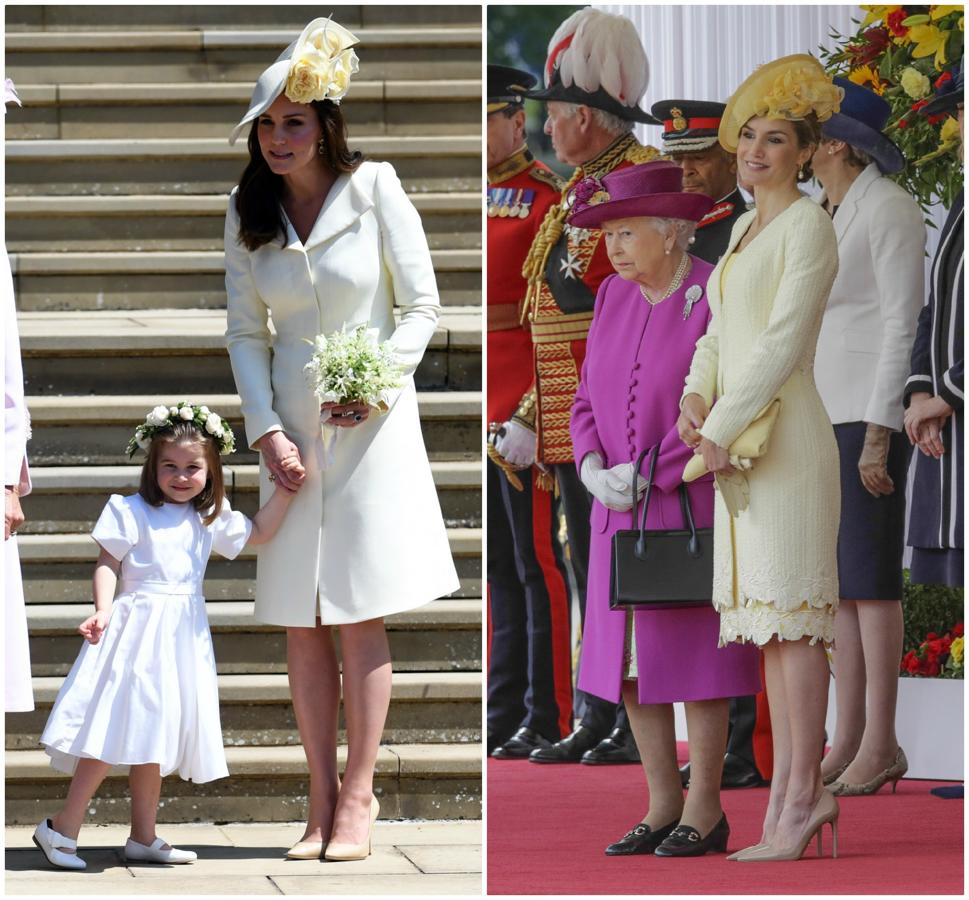 En la boda de Meghan Markle y el Príncipe Harry Kate Middleton quiso pasar desapercibida y repitió diseño de Alexander McQueen con con un 'total look' en amarillo (pastel, eso sí) que nos recuerda mucho al que lució nuestra Reina Letizia precisamente en su visita a Reino Unido hace un año. ¡Empate técnico!