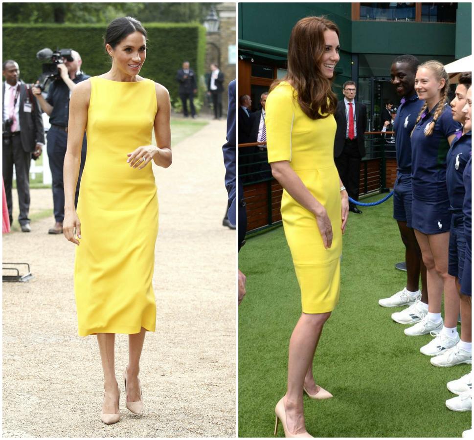 Las dos de amarillo, las dos impecables y las dos de plena tendencia con vestidos casi iguales. Esta vez, dejamos el duelo en tablas porque no nos podemos decidir entre el diseño de  Brandon Maxwell para Meghan Markle , o el de Dolce&Gabbana de Kate Middleton.