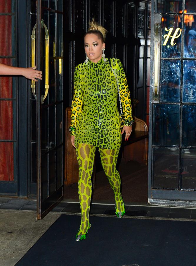 Aunque al ver esta foto pienses que Rita Ora se ha disfrazado de la villana Poison Ivy, en realidad la cantante lleva un total look de la última colección de Tom Ford.