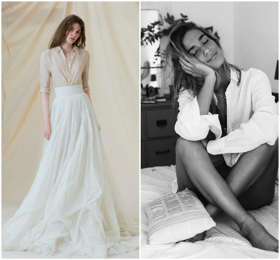 María Pombo es una de las grandes abanderadas de la camisa blanca, una pieza de fondo de armario que incluye en muchos de sus looks más acertados. Por eso, ¿por qué no marcarse un Olivia Palermo y apostar por un look de novia con camisa y falda como este de Cortana? ¡Es una maravilla!