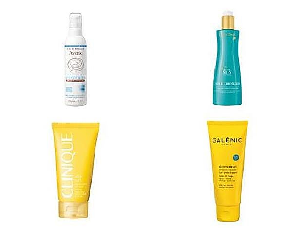 Gel-Crema Reparadora para después del sol, de Avène (17,68 €). / Soleil Bronzer Lait Après Soleil de Lancôme (31,50 €) / Aftersun Rescue Balm de Clinique (c.p.v.). / Soin Soleil After Sun de Galénic (25,40 €).