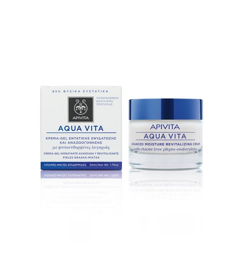 Esta crema para pieles grasas-mixtas, hidrata durante 24 horas gracias a las fitoendorfinas de agnocasto en un sistema de doble encapsulado y extracto de propóleo patentado.  Crema-gel de línea Aqua Vita de Apivita  (36 €).