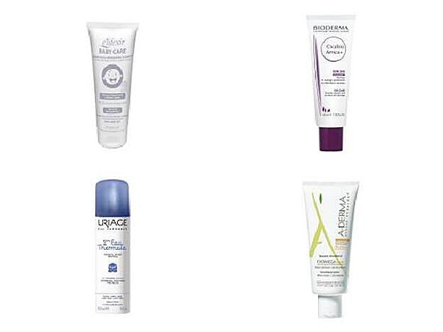 Baby Care Crema Facial Reparadora Calmante de Phergal (9,40 €). / Cicabio Arnica + Soin SOS de Bioderma (12,95 €). / 1er Agua Termal de Uriage (7,95 €). / Exomega Bálsamo de A-Derma (c.p.v.).