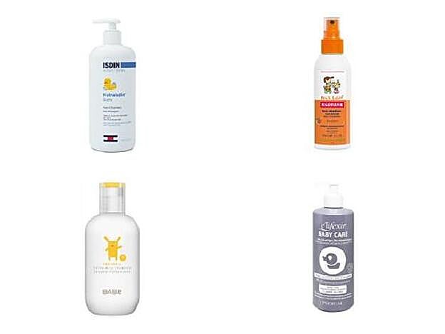 Nutrainsdin Gel Champú de Isdin (10,16 €). / Spray Desenredante de Klorane (8,50 €). / Pediatric Champú Extrasuave de Laboratorios Babé (c.p.v.). / Baby Care Gel-champú dermatológico de Phergal (15,30 €)