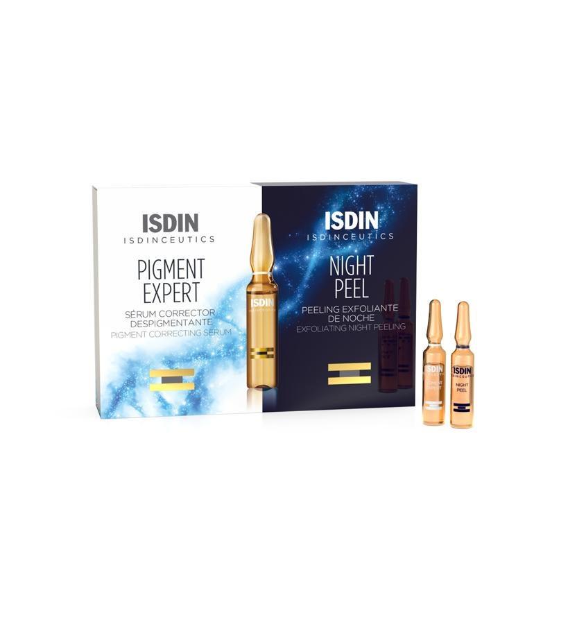 Durante el día el sérum corrector Pigment Expert despigmenta, previene y trata las manchas. Por la noche el peeling exfoliante Night Peel renueva piel mientras duermes, atenuando arrugas y manchas.  Pack Isdinceutics Day&Night Antimanchase de Isdin  (33,45 €/ 20 u).