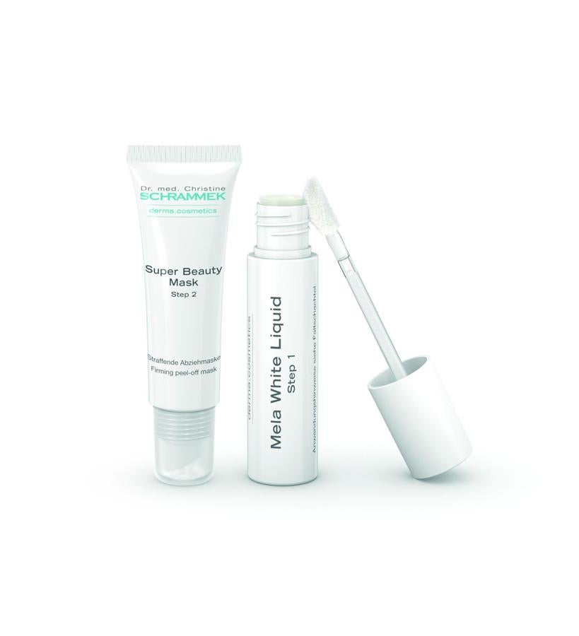 Acalara las manchas en tan solo dos pasos: el primero, un líquido ultraconcentrado a base de una potente combinación de activos blanqueantes y, en segundo, la peel mask, que favorece la eliminación de células muertas y demás residuos depositados.  Mela White Spot Duo de Dra. Schrammek  (46 €).