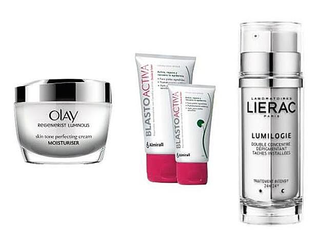 Regenerist Luminous Skin Tone Perfecting Cream de Olay (29,90 €). / Blastoactiva de Laboratorios Almirall (c.p.v.). / Doble Concentrado Despigmentante de Lierac (55 €).