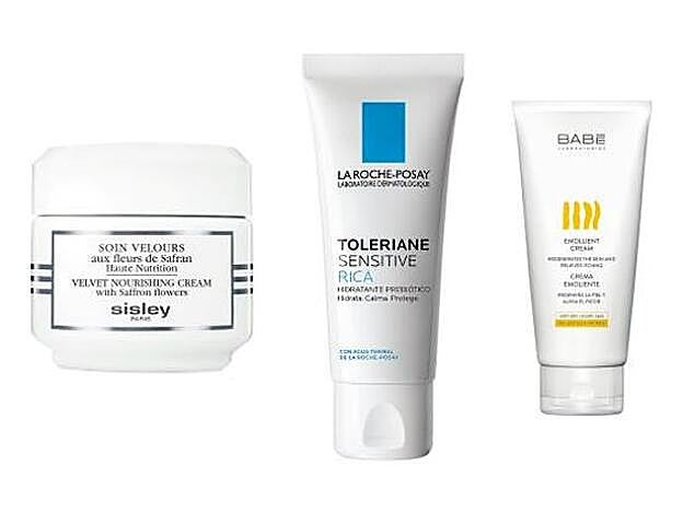 Soin Velours aux Fleurs de Safran de Sisley (c.p.v.). / Toleriane Sensitive Hidratante Prebiótico de La Roche-Posay (20 €). / Crema Emoliente con Omega 3, 6 y 9 de Laboratorios Babé (15,50 €).