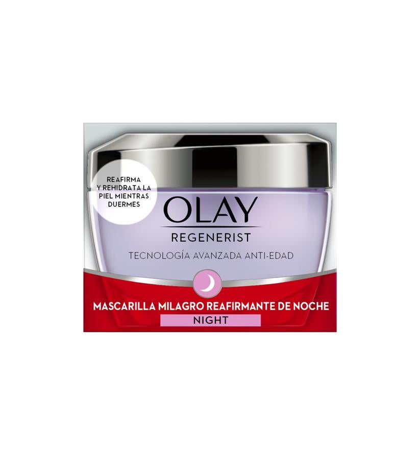 Compuesta con activos antiedad que reafirman y redensifican la piel a base de hidratación mientras de reduce el aspecto de las líneas de expresión y arrugas, da a tu piel un estímulo extra en el momento en que más lo necesita. No necesita aclarado.  Mascarilla Milagro Reafirmante Noche de Olay  (33,35 €).