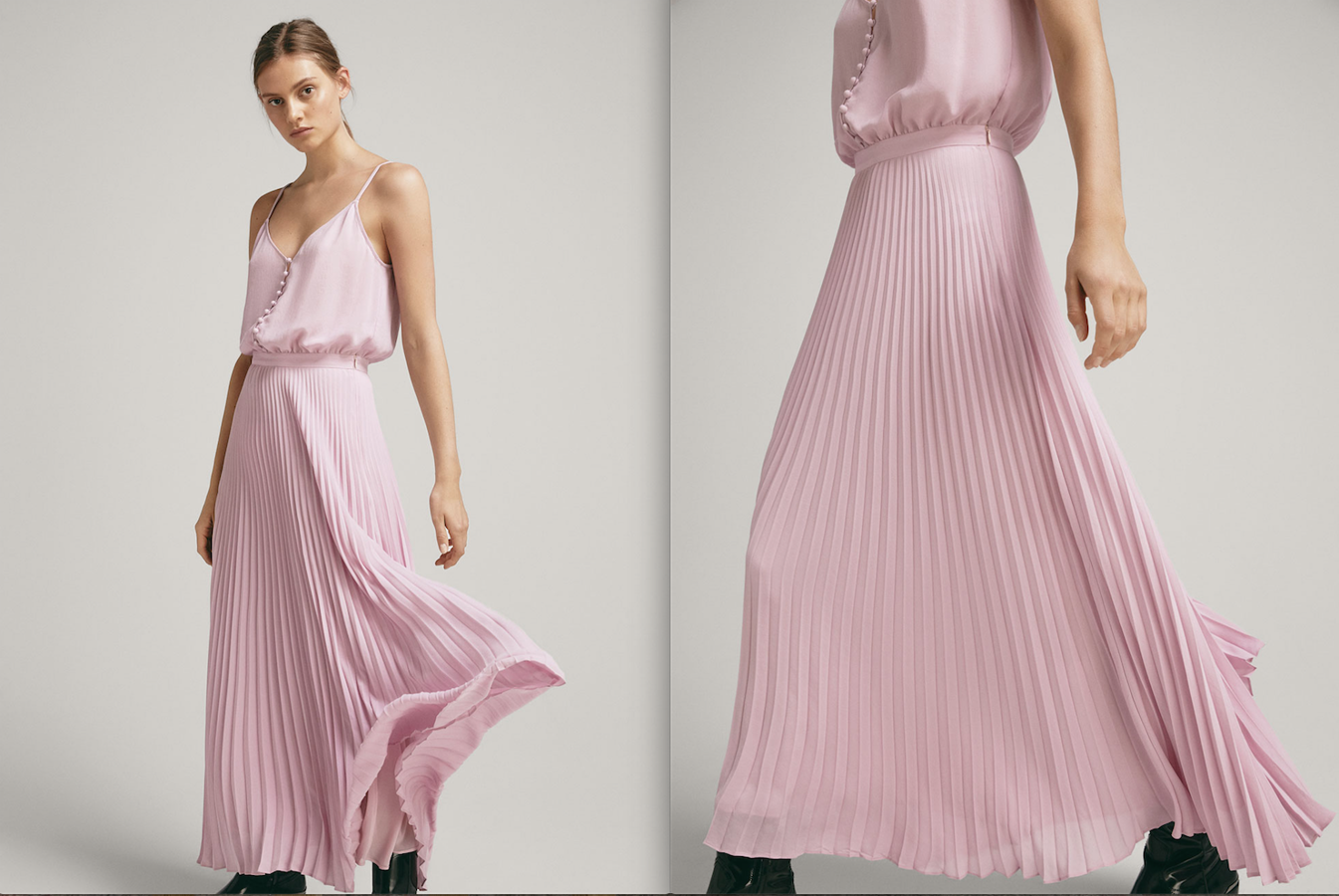 Un poco por encima de nuestro presupuesto (129 euros) queda este precioso vestido con falda plisada y cuerpo de tirantes finos en color malva. Con una chaqueta motera y botas, lista para arrasar.